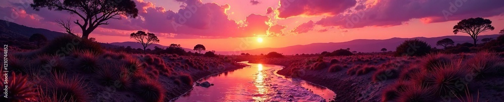 Dry riverbed and thorny plants against the majestic colors of a Brazilian sunset in the caatinga biome, warm light, purple Dry riverbed and thorny plants against the majestic colors of a Brazilian sunset in the caatinga biome, warm light, purple