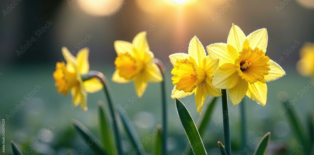Fototapeta premium Frosty daffodils glisten like tiny golden jewels, daffodils, delicate