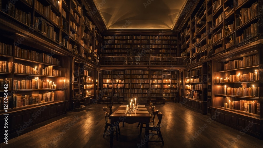 Magical library with endless shelves, glowing books, and floating candles Magical library with endless shelves, glowing books, and floating candles