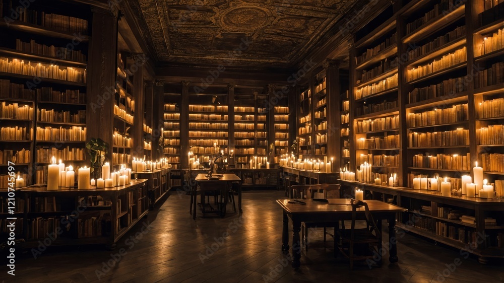 Magical library with endless shelves, glowing books, and floating candles Magical library with endless shelves, glowing books, and floating candles