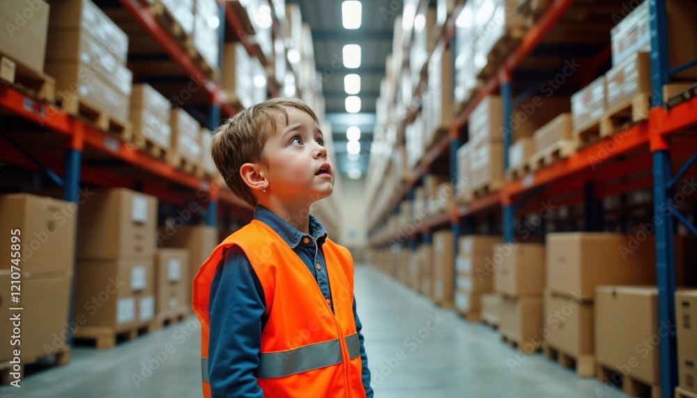 Curious child in orange safety vest explores busy warehouse. Child looks up at high shelves filled with boxes. Warehouse interior industrial setting. Child shows curiosity, interest in surroundings. Curious child in orange safety vest explores busy warehouse. Child looks up at high shelves filled with boxes. Warehouse interior industrial setting. Child shows curiosity, interest in surroundings.
