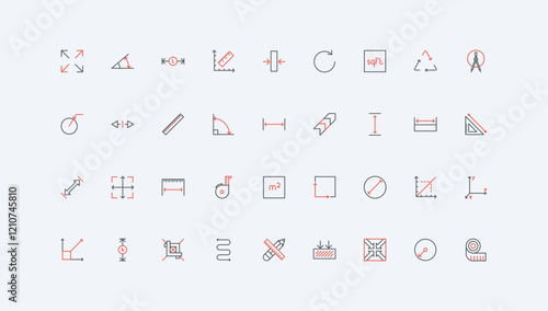 Size and distance, length and width, depth measure, scaling arrows, measurement guide line icon set. Pointers and tape, ruler with scales thin black and red outline symbols vector illustration