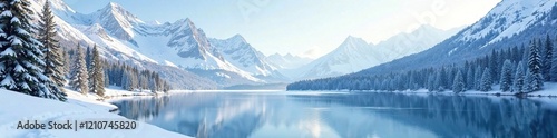 Wallpaper Mural A snow-covered alpine landscape stretches across a frozen lake, alpine, pine, mountains Torontodigital.ca