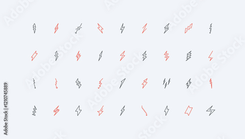 Lightnings of different shape, instant bolt of energy strike and electric charge line icon set. Electricity and battery recharge sign, arrow thin black and red outline symbols vector illustration