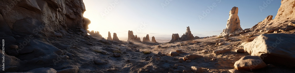 Obraz premium Panoramic View of Desert Rock Formations at Sunrise
