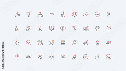 Stress and anxiety, bad mood and tension pressure, mental health troubles line icon set. Head of unhappy sick exhausted person, fight and run thin black and red outline symbols vector illustration