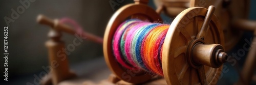 Wooden spinning wheel with a skein of multicolored wool on the bobbins, handspun, wool, natural fibers