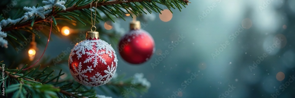 Frosted glass ornaments hanging from fir branches, festive, branches Frosted glass ornaments hanging from fir branches, festive, branches
