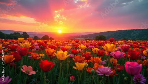 A colorful array of flowers swaying in the wind of a Shenandoah sunset, flowers, sunset