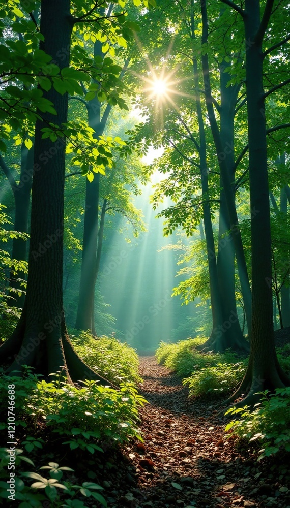 Obraz premium Dappled sunlight filters through the forest canopy, forest, shadows, dapples