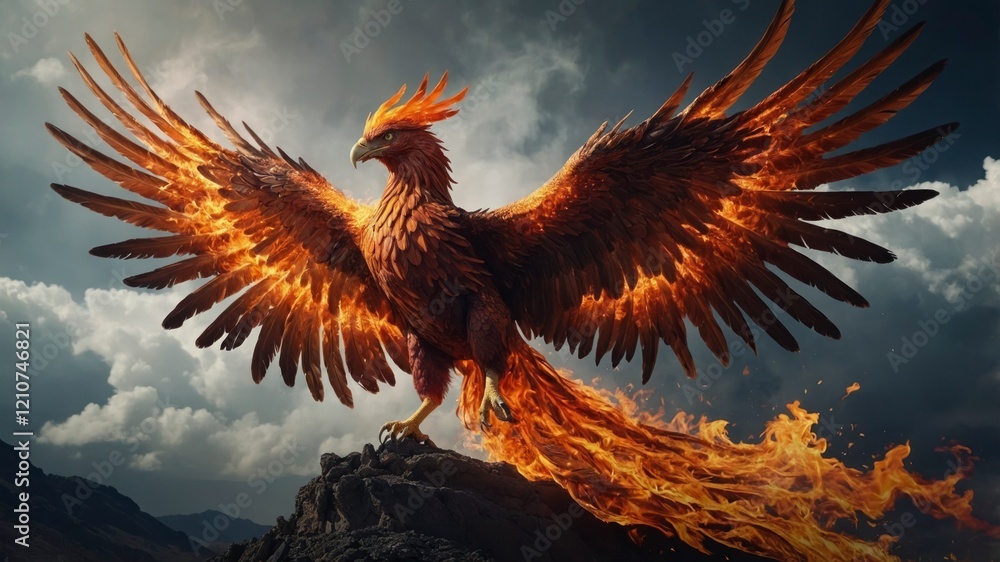 Mythical phoenix rising from its ashes, fiery wings spread wide, majestic and powerful Mythical phoenix rising from its ashes, fiery wings spread wide, majestic and powerful
