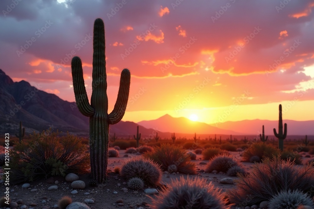 Single saguaro cactus in a desert landscape at sunrise, landscape, dawn Single saguaro cactus in a desert landscape at sunrise, landscape, dawn