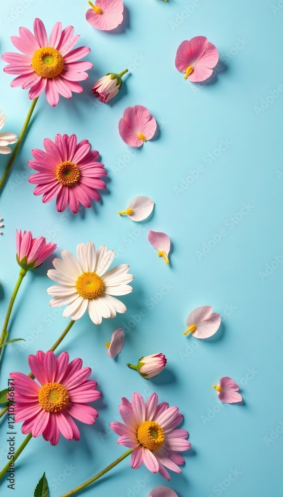 wilted flowers scattered on a soft blue surface, abstract, gentle, petals wilted flowers scattered on a soft blue surface, abstract, gentle, petals