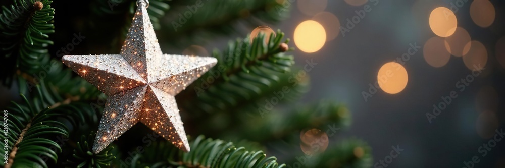 Sparkling star ornament on Christmas tree branch, shine, festive, silver Sparkling star ornament on Christmas tree branch, shine, festive, silver