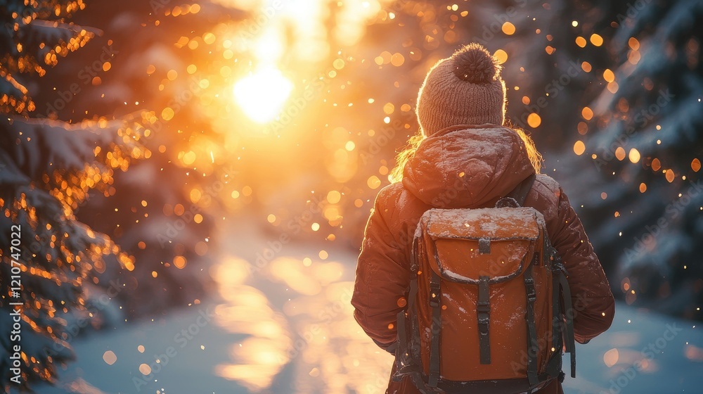Exploring a winter forest trail at sunset with glowing snowflakes and a peaceful ambiance Exploring a winter forest trail at sunset with glowing snowflakes and a peaceful ambiance