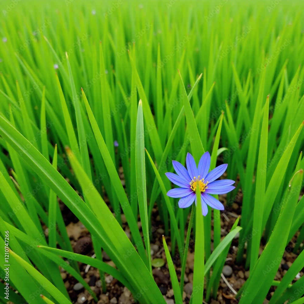 A small patch of blue flowers among tall blades of grass, field, landscape, garden A small patch of blue flowers among tall blades of grass, field, landscape, garden