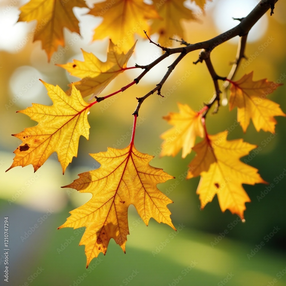 Delicate oak branch tangled with wilted yellow leaves hanging from the tree's limbs, fading light, oak, tree Delicate oak branch tangled with wilted yellow leaves hanging from the tree's limbs, fading light, oak, tree