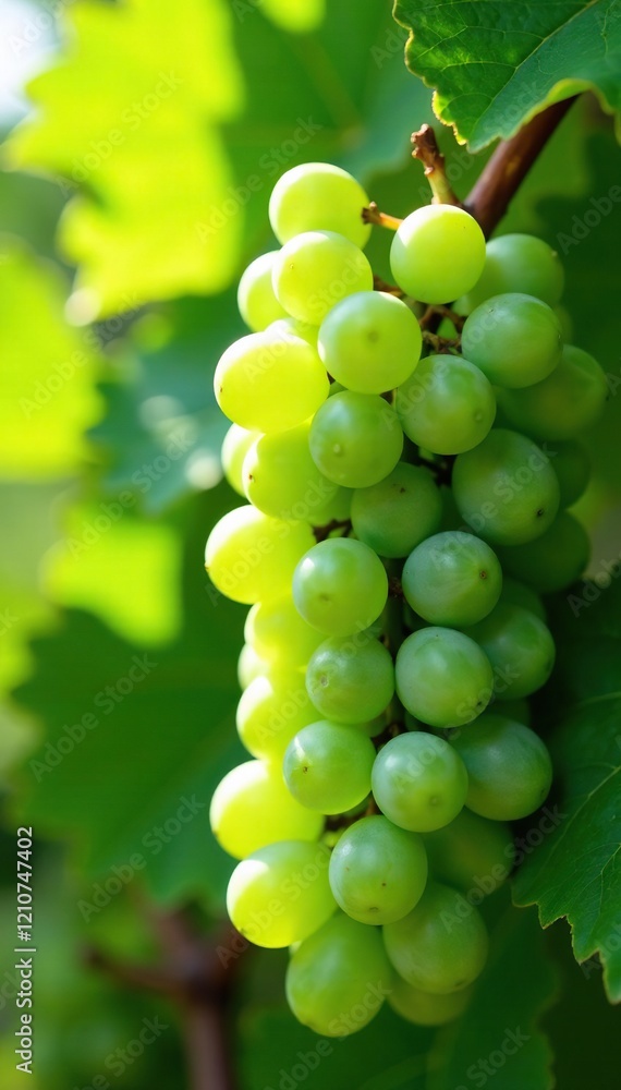 Green bunches of grapes nestled among lush green leaves in sunlight, leafy greens, grapes Green bunches of grapes nestled among lush green leaves in sunlight, leafy greens, grapes