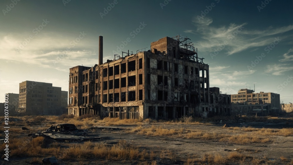 Post-apocalyptic wasteland with remnants of a once-thriving city, gritty and realistic Post-apocalyptic wasteland with remnants of a once-thriving city, gritty and realistic