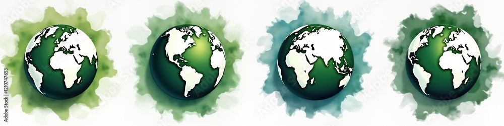 Naklejka premium Global watercolor illustration. Earth planet with green watercolor splashes. Colorful, textured design. Abstract, eco friendly concept. Ideal for global awareness posters. Planet earth isolated on