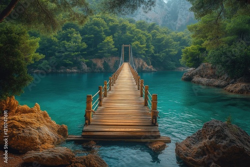 A wooden bridge spans a calm body of water, offering a serene and peaceful scene photo