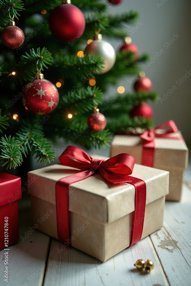 Gift boxes filled with festive ornaments under the Christmas tree, Ribboned Box, Greenery Gift boxes filled with festive ornaments under the Christmas tree, Ribboned Box, Greenery