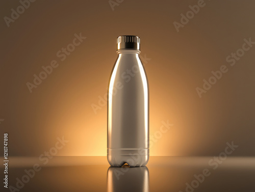 Sleek reusable stainless steel water bottle on a reflective surface illuminated by soft studio lighting against a neutral gradient background photo