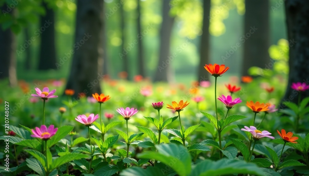 Wildflowers growing among ferns in a shaded forest area, wildflowers, forest shade, trees Wildflowers growing among ferns in a shaded forest area, wildflowers, forest shade, trees