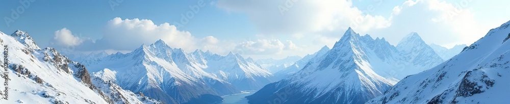 A snow-covered mountain ranges under a cloudy sky, mountainous terrain, clouded sky, snowy mountains