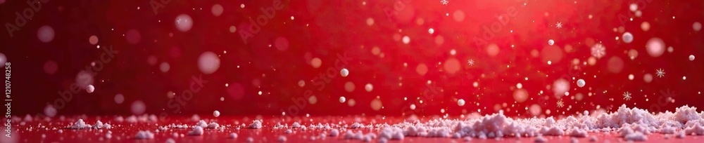 Delicate snowflakes gently fall on a crimson background, snowy details, cold weather, red background