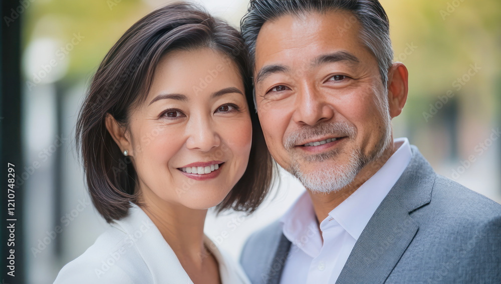 Asian couple smiling together during a sunny outdoor moment Asian couple smiling together during a sunny outdoor moment