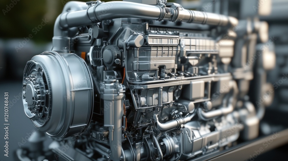 Powerful engine, outdoor display, industrial background, mechanics Powerful engine, outdoor display, industrial background, mechanics