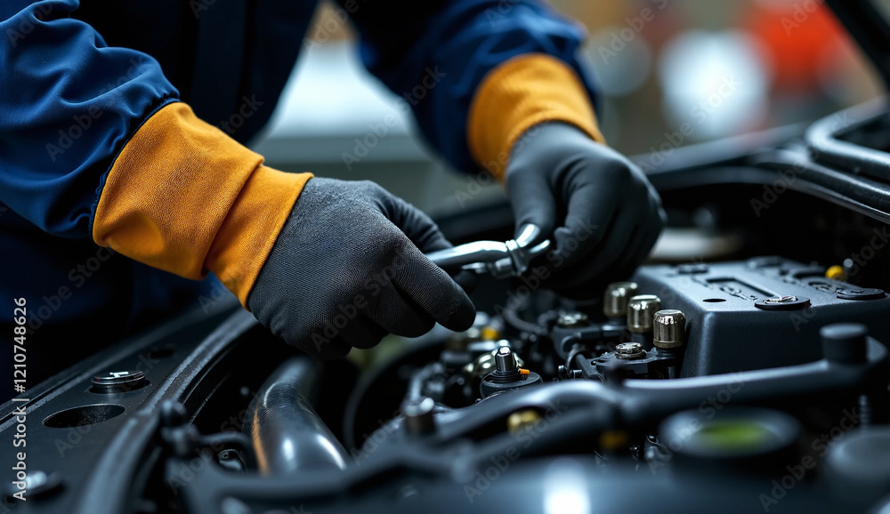 A close-up view of a mechanic's gloved hands using a wrench to tighten a bolt in a car engine bay A close-up view of a mechanic's gloved hands using a wrench to tighten a bolt in a car engine bay