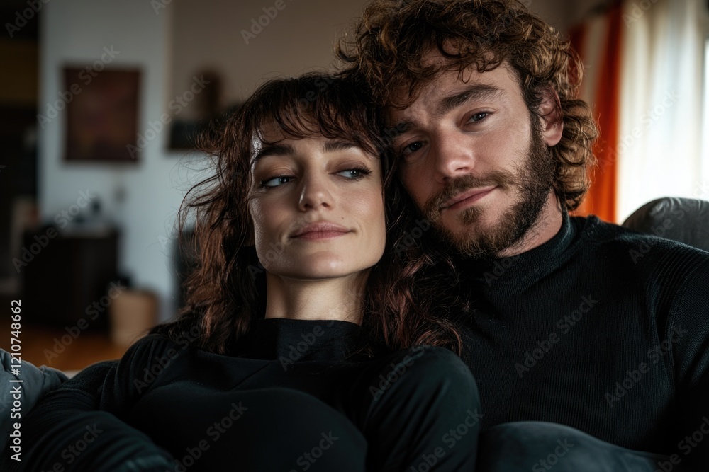 Young caucasian couple relaxing indoors with warm expressions Young caucasian couple relaxing indoors with warm expressions