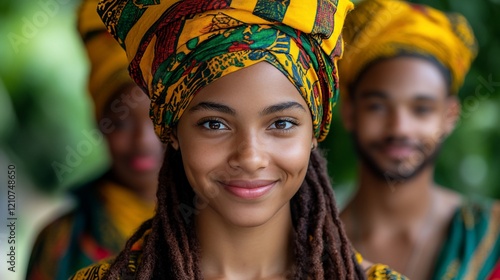 Smiling young woman with locs and headscarf, two others blurred behind. photo