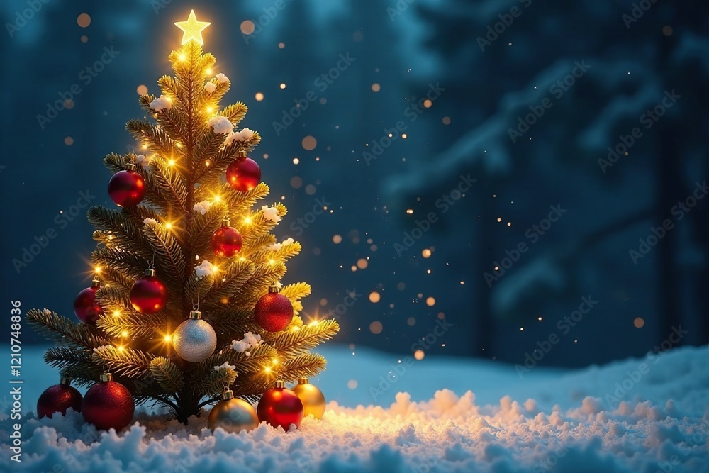 A majestic fir tree covered in sparkling golden ornaments, sparkling, tree, frozen