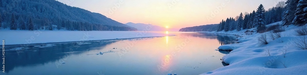 A frozen lake glows with a soft blue light in the morning sun, frozen lake, serenity, ice A frozen lake glows with a soft blue light in the morning sun, frozen lake, serenity, ice