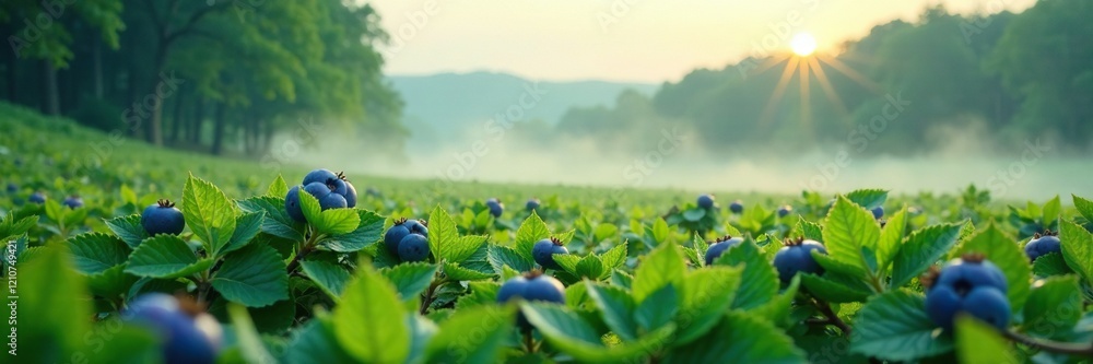 Blueberry field with misty morning atmosphere, green, summer Blueberry field with misty morning atmosphere, green, summer