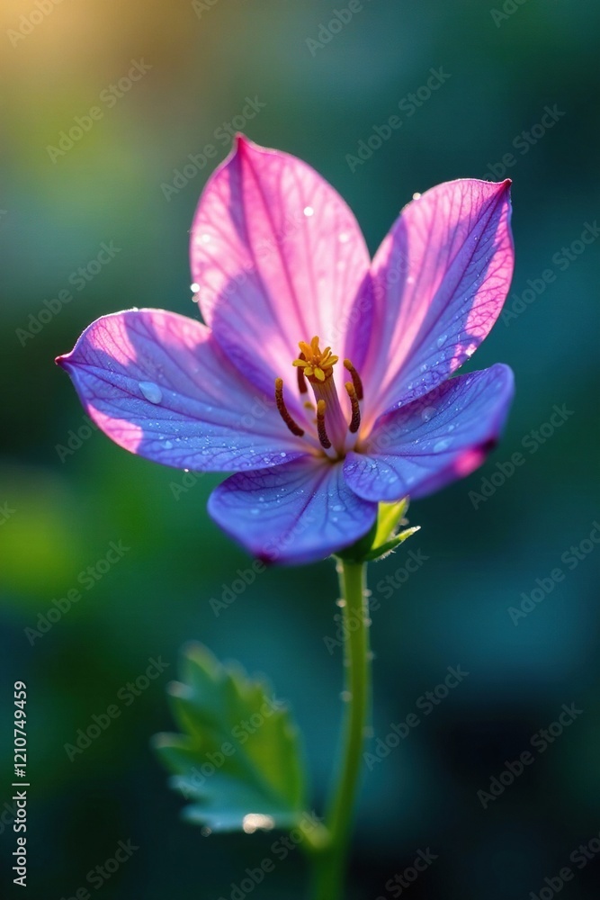 Delicate petals of a wild pink and blue flower unfold in the morning dew, , blue Delicate petals of a wild pink and blue flower unfold in the morning dew, , blue