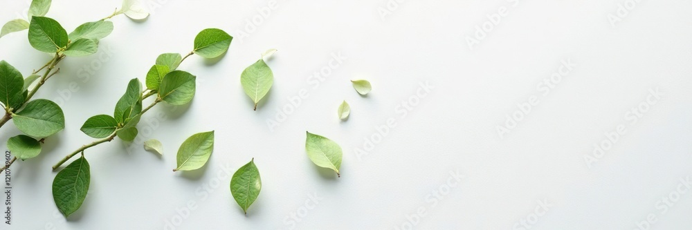 Naklejka premium Delicate leaves scattered on white wall surface, minimalist, organic