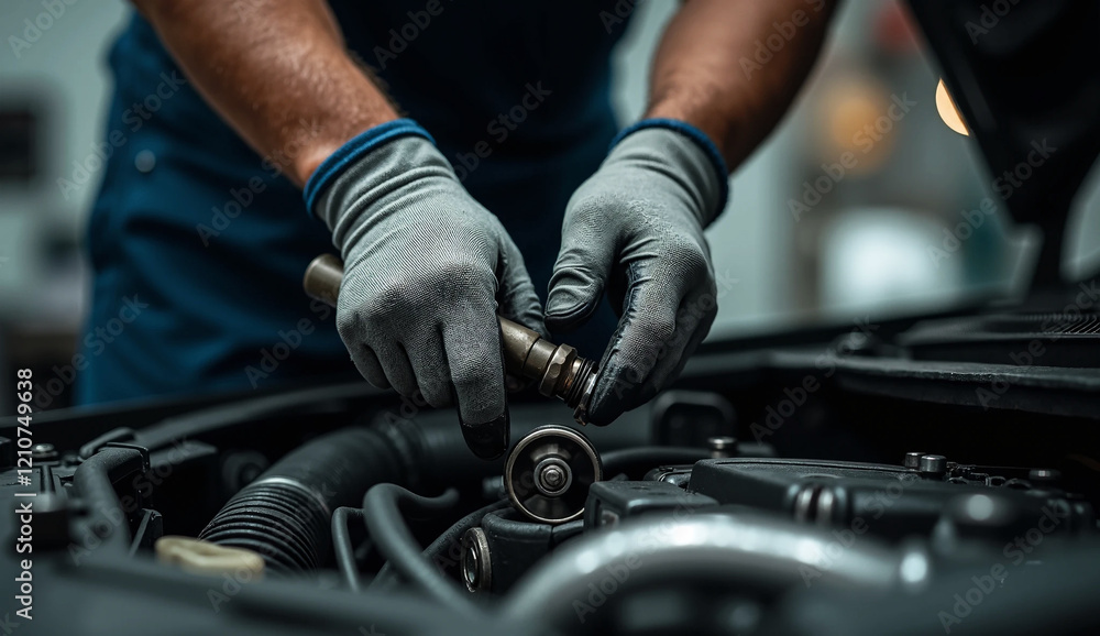 A close-up view of a mechanic's gloved hands using a wrench to tighten a bolt in a car engine bay A close-up view of a mechanic's gloved hands using a wrench to tighten a bolt in a car engine bay