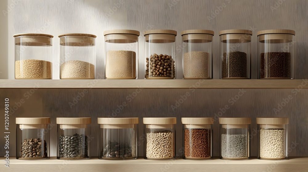Reusable glass jars filled with a variety of grains and legumes neatly arranged on wooden shelves Reusable glass jars filled with a variety of grains and legumes neatly arranged on wooden shelves