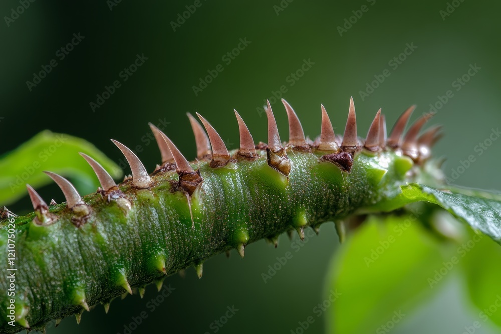 Naklejka premium Close-up of a thorny plant stem, revealing the intricate textures and sharpness of its defenses against a lush green background.