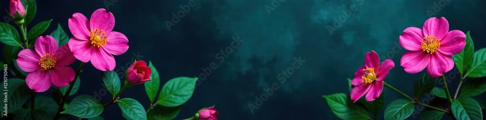 Obraz premium Dark background with neon pink flowers and green leaves, garden, flower power, dark