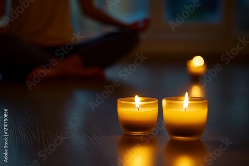 A person peacefully practices mindfulness meditation in a serene room illuminated by warm candlelight. Soft lighting enhances relaxation and promotes a calming atmosphere photo