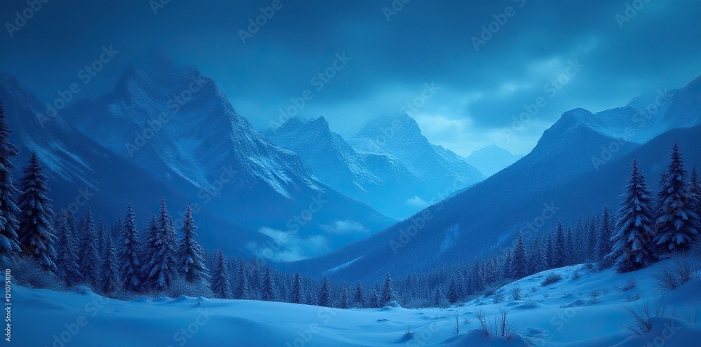 Snowflakes gently fall on a peaceful mountain landscape, mountain, darkness, serene Snowflakes gently fall on a peaceful mountain landscape, mountain, darkness, serene