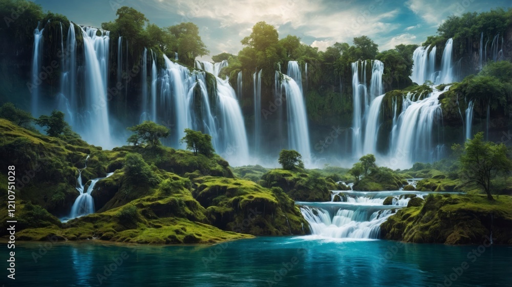Fototapeta premium Surreal landscape with floating islands and cascading waterfalls, dreamlike atmosphere 