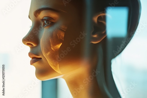 A silhouette of a mannequin stands with sunlight casting dramatic shadows and creating mysterious, reflective patterns on its serene face. photo