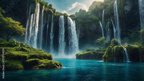 Surreal landscape with floating islands and cascading waterfalls, dreamlike atmosphere 