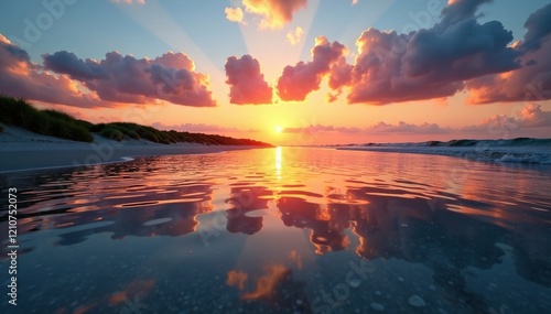 Wasser spiegelt Sonnenuntergang ?ber sanfte Wellen, ruhe, strandbad